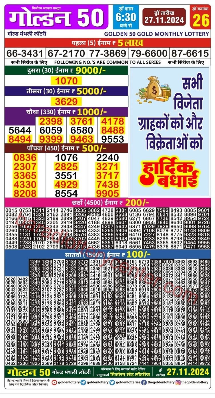 Golden 50 Gold Monthly Lottery Result Draw Date 27-11-24 6-30PM lottery result